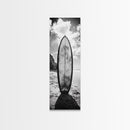 Surfboard Vertical, Sandy Beach, Coastal Rocks, Ocean Horizon, Framed Canvas Print, Surf Art, Dorm Room Decor, Tropical Vibe
