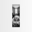 Leather Chair, Cozy Window, Cowhide Rug, Framed Canvas Print, Farmhouse Living Room Decor, Rustic Minimalist Art, Monochrome Interior