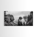Misty Coastal Cliffs, Ocean Horizon, Monochrome Art, Nature Landscape, Canvas Print, Rustic Living Room Decor, Moody Wall Art, Black and White