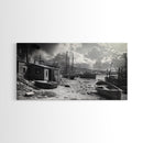 Old Fishing Harbor, Weathered Boats, Coastal Village Scene, Canvas Print, Nautical Kitchen Wall Art, Maritime Black and White Decor