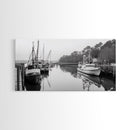 Fishing Boats Docked, Quiet Harbor Scene, Nautical River View, Framed Canvas Print, Kitchen Wall Art, Rustic Coastal Decor, Lodge Wall Art