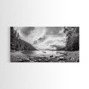 Forest Lake Serenity, Monochrome Nature, Tranquil Landscape, Canvas Print, Lodge Wall Art, Minimalist Cabin Decor, Black White