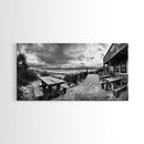Beach Boardwalk, Coastal Restaurant, Moody Seaside View, Framed Canvas Print, Kitchen or Bar Wall Art, Rustic Autumn Decor