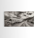 Coastal Road, Scenic Journey, Ocean Path, Cloudy Sky, Framed Canvas Print, Rustic Wall Art, Entryway Wanderlust Landscape, Coastal House