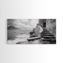 Stone Stairway, Ocean Cliff, Coastal Architecture, Mediterranean Charm, Framed Canvas Print, Rustic Wall Art, Entryway Travel Decor