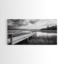 Marsh Dock Scene, Tranquil Water Landscape, Rustic Pier Canvas Print, Black and White Nature, Entryway Art, Coastal Country Home Decor