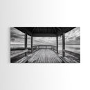 Gazebo By Water, Serene Lake View, Rustic Deck Canvas Print, Minimalist Landscape Wall Art, Neutral Bedroom, Tranquil Home Decor