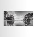Sea Stacks, Calm Waters, Coastal Trees, Tranquil Morning, Framed Canvas Print, coastal wall art, nature inspired, entryway decor