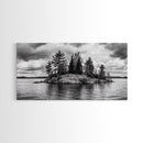 Lake Island, Pine Trees, Nature Panorama, Black and White Wilderness, Framed Canvas Print, Office Wall Art, Outdoor Inspired Decor