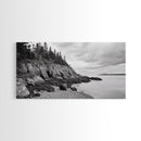 Rocky Shore, Coastal Forest, Black White Landscape, Nature Wall Decor, Framed Canvas Print, Cabin Living Room Art, Fall Inspired Scene