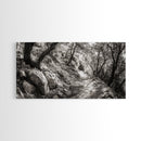 Woodland Trail, Autumn Path, Tree Tunnel, Rustic Outdoor Vibe, Framed Canvas Print, Entryway Nature Art, Moody Forest Decor