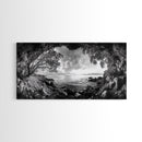 Ocean Cave View, Coastal Tree Framing, Tranquil Sea Scene, Nature Window Art, Framed Canvas Print, Bedroom Wall Art, Zen Decor