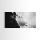 Foggy Cliff Coast, Ocean Pines Landscape, Moody Nature Art, Misty Seascape Scene, Framed Canvas Print, Living Room Wall Art, Fall Decor