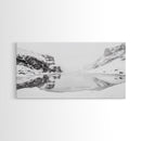 Snowy Cliff Reflection, Winter River Scene, Black and White Nature, Framed Canvas Print, Minimalist Wall Art, Neutral Winter Decor