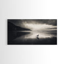 Seagull, Stormy Beach, Reflective Shore, Moody Sky, Framed Canvas Print, coastal bedroom decor, peaceful nature art, minimalist seascape