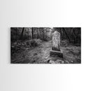 Forest Trail, Stone Marker, Ancient Symbol, Misty Pathway, Framed Canvas Print, cabin decor, woodland art, Autumn wall print, rustic charm