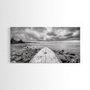Surfboard, Rocky Shore, Cloudy Sea, Coastal Adventure, Beach Aesthetic, Canvas Print, Minimalist Ocean Art, Nautical Wall Decor, Bathroom Wall Art