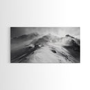 Snowy Peak, Windy Mountain, Winter Landscape, Framed Canvas Print, Black and White Art, Cabin Wall Decor, Moody Alpine Art, Rustic Wall Art