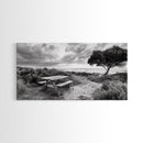 Picnic Table, Ocean Tree, Coastal Path, Windswept Scene, Framed Canvas Print, Rustic Wall Art, Fall Decor, Peaceful Beach Setting
