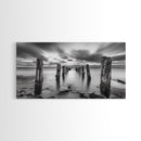 Ocean Pilings, Calm Waters, Cloud Streaks, Sunset Mood, Canvas Print, Minimalist Seascape, Bedroom Wall Art, Serene Beach Decor