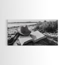 Open Book, Cowboy Hat, Driftwood Beach, Peaceful Shore, Canvas Print, Western Boho Art, Reading Nook Wall Decor, Fall Vibes, Office Wall Decor