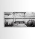 Rustic Lake Swing, Tranquil Nature Scene, Porch Art, Landscape Photography, Framed Canvas Print, Country Decor, Living Room Wall Art