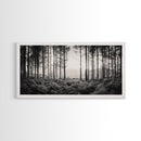 Forest Light Scene, Tall Trees Shadows, Nature Mist Pathway, Framed Canvas Print, Woodland Bedroom Art, Boho Rustic Wall Decor