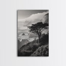Tree On Cliffs, Foggy Coastline, Monochrome Coastal View, Moody Nature Scene, Framed Canvas Print, Bedroom Wall Art, Earthy Minimalist Decor