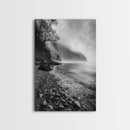 Foggy Coast, Moody Shore, Tranquil Pebbles, Forest Water, Framed Canvas Print, Bathroom Wall Art, Nature Photography Style, Calm Retreat Decor