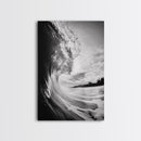 Ocean Wave Curl, Sea Barrel Art, Surf Power Print, Framed Canvas Print, Bathroom Wall Art, Modern Beach Decor, Black White Seascape