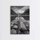 Mountain Lake Log, Alpine Serenity Scene, Tranquil Rock Shore, Canvas Print, Bedroom Wall Art, Nature Retreat, Minimalist Landscape