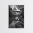 Stone Bridge, Reflections, River Archway, Nature Drama, Framed Canvas Print, Landscape Wall Art, Monochrome Photography, Entryway Art