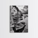 Coastal Village, Fishing Boats, Mediterranean Harbor, Seaside Charm, Framed Canvas Print, Nautical Kitchen Wall Art, Fall Decor Accent