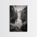 Misty Forest, River Reflection, Foggy Pines, Mountain Silence, Framed Canvas Print, Bedroom Wall Art, Tranquil Nature Photography, Zen Decor