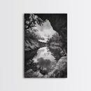 Serene River Reflection, Cave View, Monochrome Nature, Framed Canvas Print, Living Room Wall Art, Tranquil Landscape, Minimalist Decor