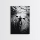 Kayaking Exploration, River Reflections, Adventure Sport, Framed Canvas Print, Office Wall Art, Moody Travel Photography, Nature Wall Decor