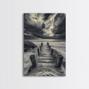 Stormy Beach Dock, Dramatic Skies, Coastal Mood, Framed Canvas Print, Fall Wall Art, Entryway Decor, Moody Seascape, Rustic Coastal Home