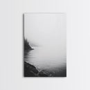 Misty Lakeshore, Foggy Forest Water, Monochrome Tranquility, Framed Canvas Print, Minimalist Art, Calm Landscape, Bedroom Wall Decor