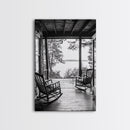 Rustic Porch View, Cabin Serenity, Lakefront Rocking Chairs, Framed Canvas Print, Farmhouse Wall Art, Living Room Decor, Fall Home Style