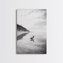 Lone Loon, Quiet Reflection, Coastal Bird, Framed Canvas Print, Nature Wall Art, Bathroom Decor, Serene Black and White Art