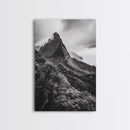 Lush Mountain Range, Cloud Covered Peaks, Jungle Tranquility, Framed Canvas Print, Entryway Wall Art, Black and White Nature, Boho Wall Art