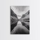 Fjord Reflection, Mountain Valley Calm, Mirror Lake, Canvas Print, Hallway Wall Art, Scandinavian Style Art, Black and White Minimalist