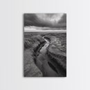 Winding Stream, Grassy Dunes, Ocean Horizon, Canvas Print, Kitchen Wall Art, Black and White Nature Scene, Coastal Rustic Decor