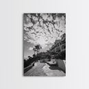 Mediterranean Villa, Palm Tree Art, Coastal Pathway, Framed Canvas Print, Living Room Decor, Summer Wall Art, Black and White Photography