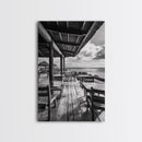 Seaside Café, Coastal Patio, Ocean View, Canvas Print, Rustic Kitchen Wall Art, Tropical Dining Decor, Travel Lifestyle Art