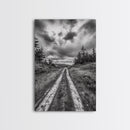 Forest Trail, Overcast Sky, Nature Pathway, Moody Landscape, Framed Canvas Print, Office Wall Art, Woodland Autumn Decor