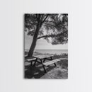 Seaside Bench, Peaceful Escape, Shaded Picnic, Canvas Print, nature photography, coastal wall art, relaxing ocean decor, Minimalist Decor