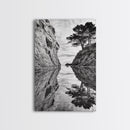 Reflected Trees, Peaceful Cove, Monochrome Seascape, Tranquil Decor, Framed Canvas Print, Zen Wall Art, Entryway Print, Coastal Calm