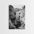 Mountain Gorge, Rugged Canyon, Flowing Stream, Wilderness Explorer, Framed Canvas Print, Cabin Wall Art, Adventurous Rustic Style