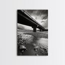 Stormy Bridge, River Rocks, Dramatic Sky, Modern Landscape, Framed Canvas Print, Moody Photography, Office Wall Art, Minimalist Decor